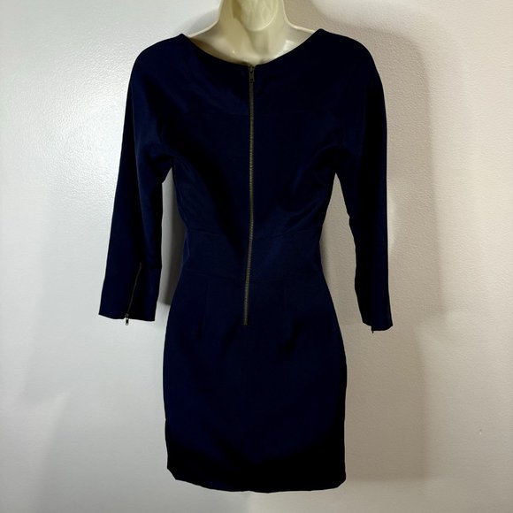 Adam Lippes Navy Blue Silk Satin Dress Size 0 Zipper Scoop Neck Mini 3/4 Sleeve - Picture 5 of 10